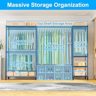 Ulif E10 Clothes Rack（With Stretchable Hanger Rod）Freestanding Clothing Racks for Hanging Clothes，Adjustable Closet Organizer System，Portable Garment Rack 73-97"W x 15" D x 72" H，Max Load 800LBS，Black - Image 4