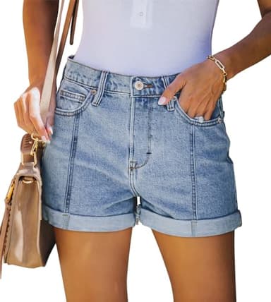 Stretchy Denim Shorts Women Casual Plus Size Folded Hem Boyfriend Dress Jean Shorts High Waisted for Summer(Light Blue,XL) - Image 1