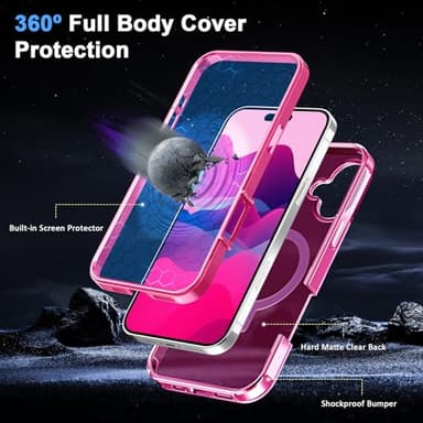 Turquiase for iPhone 16 Plus Full Body Shockproof Case with Magnetic Invisible Stand [Compatible with MagSafe] Built-in Screen Protector Military Drop ProtectionTranslucent Phone Cover -Hot Pink - Image 4