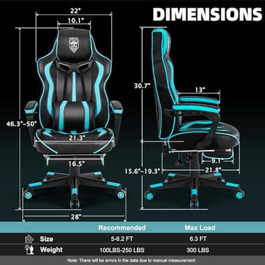 Vonesse Gaming Chairs for Adults, Gaming Chairs with Footrest and Massage, Reclining Computer Chair for Heavy People,Big and Tall Ergonomic Gamer Chair with Lumbar Pillow(Teal/Cyan) - Image 3