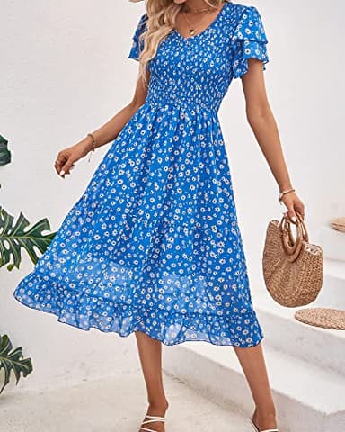 BTFBM Women Casual Summer Short Ruffles Tiered Sleeve Smocked Midi Dresses Bohemian Floral V Neck Wedding Guest Long Dresses - Image 2