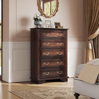 WLIVE Farmhouse Dresser for Bedroom, Tall Wood Dresser with 5 Drawer, Chest of Drawers with Roman Metal Handle for Living Room, Hallway, Closet, Brown - Image 2