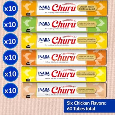 INABA Churu Cat Treats, Grain-Free, Lickable, Squeezable Creamy Purée Cat Treat/Topper, 60 Servings, Chicken Variety Box - Image 3