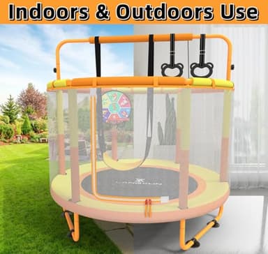 LANGXUN 60" Trampoline for Kids, 5ft Toddler Mini 6-in-1 Trampoline Indoor Outdoor with Swing, Basketball Hoop, Dart Board, Gymnastics Bar, Rings, Christmas Toys Birthday Gifts for Girls Boys Age 1-8 - Image 4