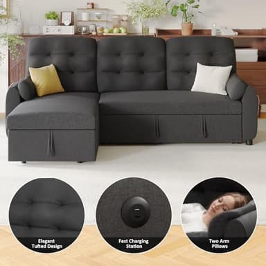 Ucloveria Sleeper Sofa Bed, 86" Convertible Sectional Sofa Couches for Living Room, Pull Out Couch Bed with Reversible Storage Chaise | USB Ports | Side Pockets | Removable Backrest - Image 5