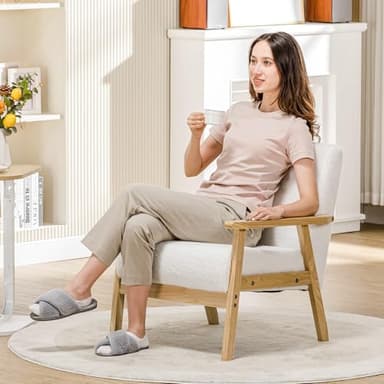 COMHOMA Mid Century Modern Accent Chair, Upholstered Living Room Chairs with Solid Wood Armrest, Comfy Reading Armchair for Bedroom, Sunroom, Balcony (Straight Armrests, White) - Image 2