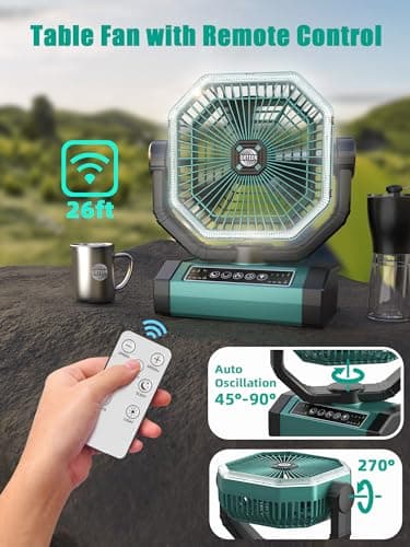 Portable Rechargeable Fan - 9-Inch Camping Fan for Tent, 20000mAh(60Hrs) Battery Operated for Camping, Auto Oscillation Cordless, Tent Fan with Remote/Light, 4 Speeds, 4 Timing, Outdoor - Image 3
