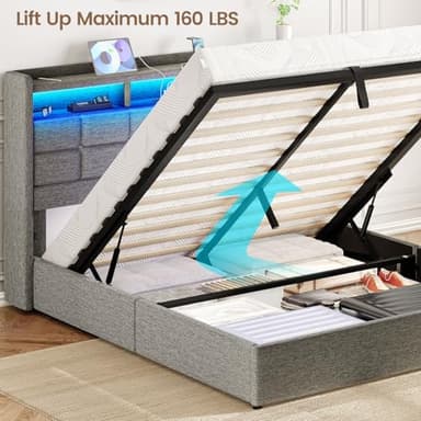 Driftalia Lift Up Full Size Bed Frame with Storage, Upholstered Full Bed Frame with LED Lights Headboard and Charging Station, No Box Spring Needed, Easy Assembly - Light Grey - Image 6
