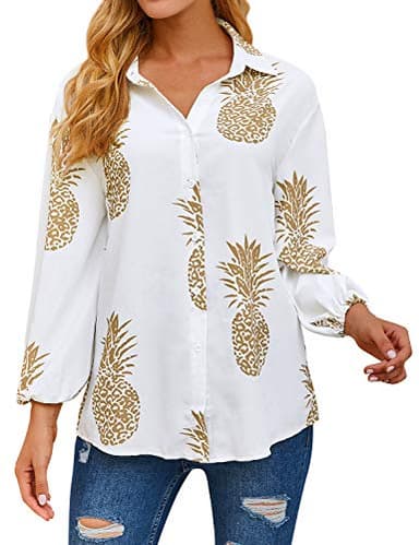 ZXZY Women Pineapple Printed Lapel Collar Half Sleeves Buttons Down Blouse Shirt - Image 7