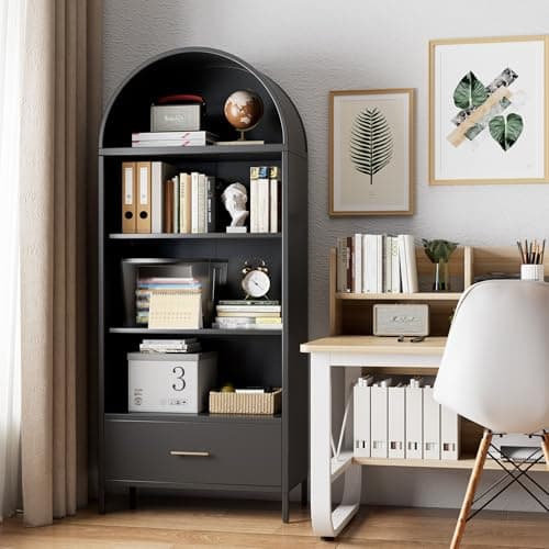 VEXPOR 73 in Tall Metal Arched Cabinet, 4-Tier Arched Bookcase with Drawer, Modern Farmhouse Bookshelf with 2 Adjustable Shelves, Kitchen Pantry Cabinet for Living Room, Black, Assembly Required - Image 1