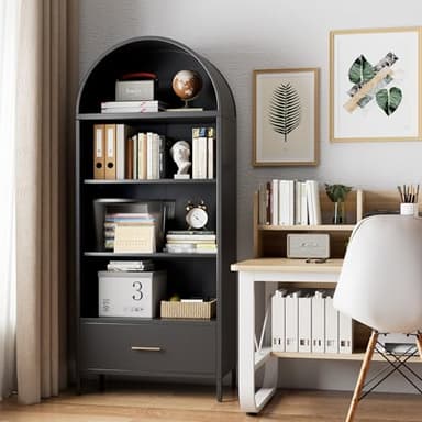 VEXPOR 73 in Tall Metal Arched Cabinet, 4-Tier Arched Bookcase with Drawer, Modern Farmhouse Bookshelf with 2 Adjustable Shelves, Kitchen Pantry Cabinet for Living Room, Black, Assembly Required - Image 1