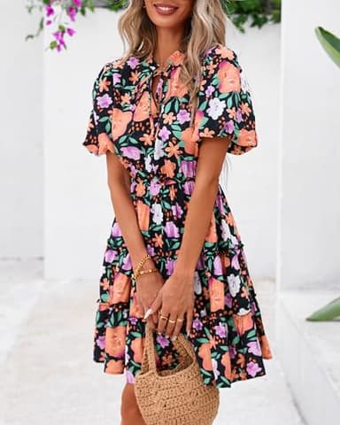BTFBM Women Summer Floral Short Dresses V Neck Short Sleeve Tiered Ruffle Boho Swing Dress A-Line Mini Dresses(Black Orange Yellow Floral,Small) - Image 5