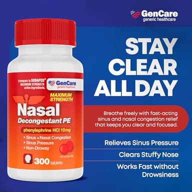 GenCare - Nasal Decongestant (10mg Tablets) Phenylephrine HCl (300 Tablets Per Bottle) | Value Pack Non Drowsy Sinus and Nasal Congestion Relief | Lower Sinus Pressure Due to Allergies or Illness - Image 2