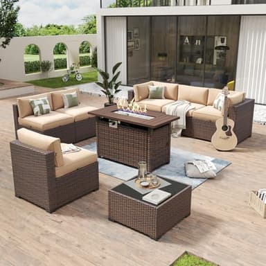 Aoxun 8 Piece Patio Furniture Set with 44” Fire Pit Table Wicker Rattan Outdoor Sectional Sofa Set with Coffee Table and Thickened Cushions, Beige (Waterproof Cover Included) - Image 1