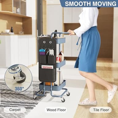 DTK 3 Tier Metal Utility Rolling Cart with Table Top and Side Bags, Metal Tray Storage Organizer Cart with Wheels, Art Craft Cart with 4 Hooks for Kitchen Bathroom Office Living Room (Blue) - Image 4