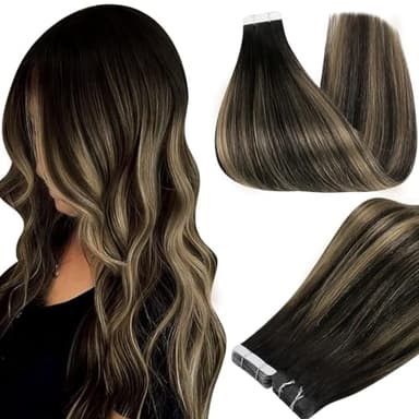 Full Shine Tape ins Human Hair Extensions Balayage Tape in Hair Extensions 16Inch Seamless Skin Weft Tapes Extension 20pcs 1B Black to 27 Honey Blonde with 1B Invisible Straight Full Head 50G - Image 1