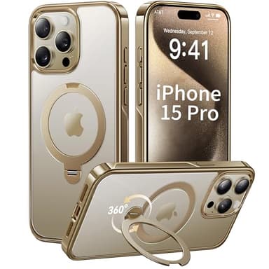 CASEKOO Titanium 360° Rotatable Magnetic Stand for iPhone 15 Pro Case [Compatible with Magsafe][16FT Military Protection] Slim 15 Pro with Kickstand Ring Phone Cover 6.1'', Antique Gold - Image 1