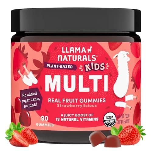 Llama Naturals Kids Multivitamin Gummies, Vegan, Organic with Vitamin D, C & K, Toddler Real Fruit Gummy Vitamins, Chewable Supplement, Whole Food Multivitamin, No Added Sugar Cane, Strawberry, 90 Ct - Image 1