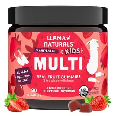 Llama Naturals Kids Multivitamin Gummies, Vegan, Organic with Vitamin D, C & K, Toddler Real Fruit Gummy Vitamins, Chewable Supplement, Whole Food Multivitamin, No Added Sugar Cane, Strawberry, 90 Ct - Image 1