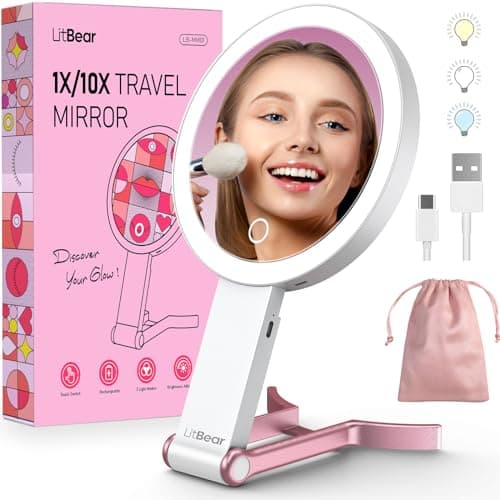 LitBear Travel Makeup Mirror with Lights, Rechargeable Double-Sided 10X/1X Magnifying Mirror, Portable Lighted Beauty Mirror, 3 Color Lighting, Dimmable Touch Screen, Tabletop Handhold Hanging (White) - Image 1