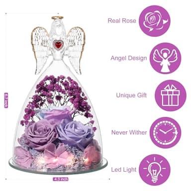 Tiaronics Mothers Day Rose Gifts for Women, Large Angel Figurines with Real Roses, Preserved Real Flower Rose for Her-MultiPurple - Image 7