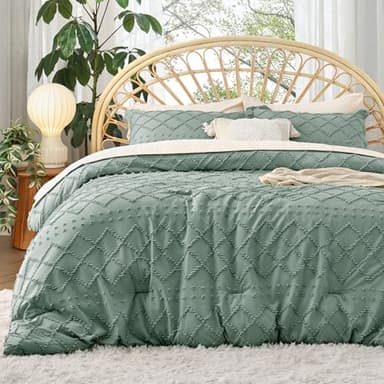 Bedsure Full Comforter Set - Green Comforter, Boho Tufted Shabby Chic Bedding for Kids, 3 Pieces Vintage Farmhouse Bed Set for All Seasons, Fluffy Soft Bedding with 2 Pillow Shams - Image 1