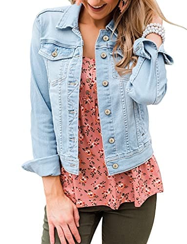 LookbookStore Denim Jacket for Women Blue Jean Jackets 2025 Spring Stretchy Trucker Jackets Button Down Jackets Lightweight Size S Light Blue Fall Jean Jacket Size 4 6 - Image 1
