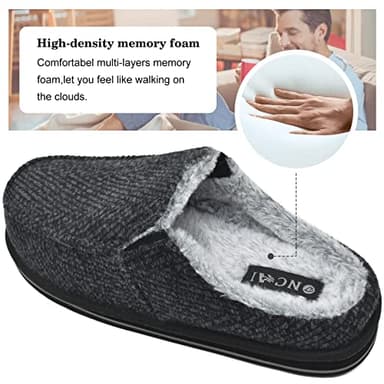 ONCAI Mens Slippers 2025 with Orthotic Arch Support,Cotton-Blend High-Density Memory Foam Plantar Fasciitis House Slippers Warm Stripe Faux Fur Slip-on Indoor Outdoor Rubber Sole Black Size 10 - Image 4