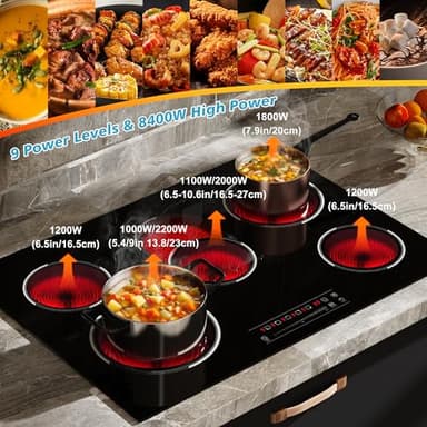 Traenvir 5 Burner Electric Cooktop, 30 Inch 8400W Built-in Electric Stovetop, Glass Ceramic Cooktop with Expanded Zone, Slide Touch Control, Child Lock, Timer, Pause, 220V - 240V Hard Wire, No Plug - Image 5