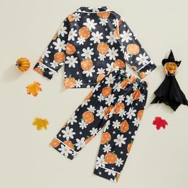 Honganda Kids Toddler Baby Girl Boy Halloween Pajamas Set Ghost Pumpkin Pajama Shirt Top Pants Satin Loungewear Outfits (Black Orange, 2-3 Years) - Image 4