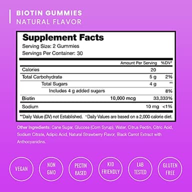 Biotin Gummies 10000mcg [High Potency] for Healthy Hair, Skin & Nails Vitamins for Women, Men & Kids - 5000mcg in Each Hair Vitamins Gummy - Vegan, Non-GMO, Hair Health Supplement - Image 2