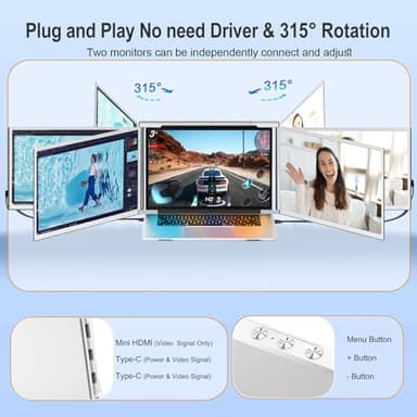 QGE Laptop Screen Extender, 14" 1080P FHD Triple Monitor for Laptop Extension- 315°Rotate Portable Dual Monitor Screen for 13.3-16.5" Laptops Type-C/HDMI/USB-A Plug & Play for Wins/Mac/Chro - Image 4