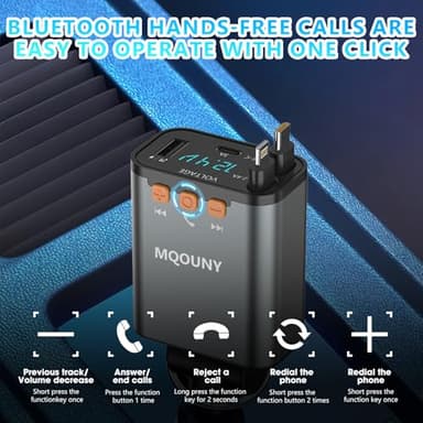 Retractable Car Charger,5 in 1 Fast Cars Phone Charger 60w,Bluetooth 5.3 FM Transmitter Adapter,Handsfree Call,MP3 Player,2 Retractable Cables and USB Chargers, for Phone,Galaxy,Pixel (Black) - Image 4