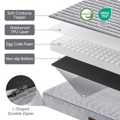 OhGeni Orthopedic Waterproof & Machine Washable Dog Bed for Medium Large Pets, Suitable for Crates, Cat Mat with 25D Egg Crate Foam, Non-Slip Bottom & Removable Cover, 35 Inches(Gray) - Image 6