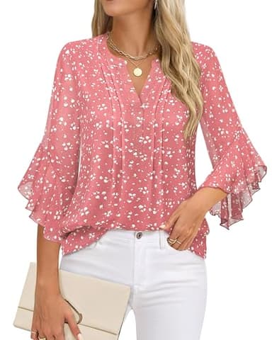 Timeson Womens Dressy Tops: 3/4 Sleeve - Work Blouses for Women - Shirts for Women Dressy Casual Fall Cute Ladies Business Attire Chiffon Professional Office Outfits Polyester Tunics Spotted Pink XL - Image 2