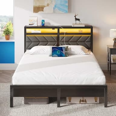 Seventable Bed Frame Queen Size with Charging Station, LED Bed with Upholstered Storage Headboard, Metal Platform Bed with Under Bed Storage, No Box Spring Needed, Noise Free, Easy Assembly, Grey - Image 7