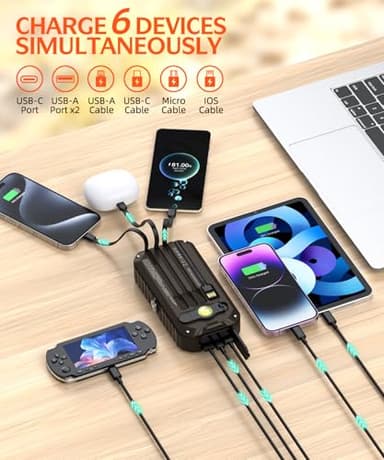 QiSa Solar Charger Power Bank 40000mAh Built in 4 Cables and Hand Crank, Portable Charger 22.5W Fast Charger 6 Outputs & 4 Inputs External Battery Pack with Bright Flashlight and Compass - Image 2