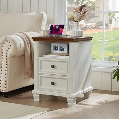 SAVOR LIFE Farmhouse Nightstand Set of 2 with Charging Station, Rustic White Nightstand,2 Drawers End Table for Living Room,Bedside Table with Open Shelf for Bed Room,White - Image 6