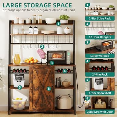 YITAHOME Large Bakers Rack with Power Outlet and Storage Cabinet, 47 Inch Farmhouse Coffee Bar Cabinet, Kitchen Microwave Stand with Wine Shelves and 12 Hooks, Rustic Brown - Image 5