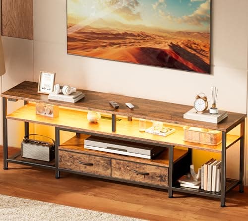 Huuger 63 Inch LED TV Stand for 65 70 Inch TV, Entertainment Center with Open Shelves and Power Outlets, TV Console for Living Room, Media Console with Drawers, Rustic Brown, 8779FC - Image 1