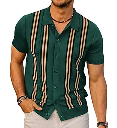 PJ PAUL JONES Mens Retro Striped Polo Shirt Short Sleeve Button Down Knitted Shirts Green XXL - Image 1