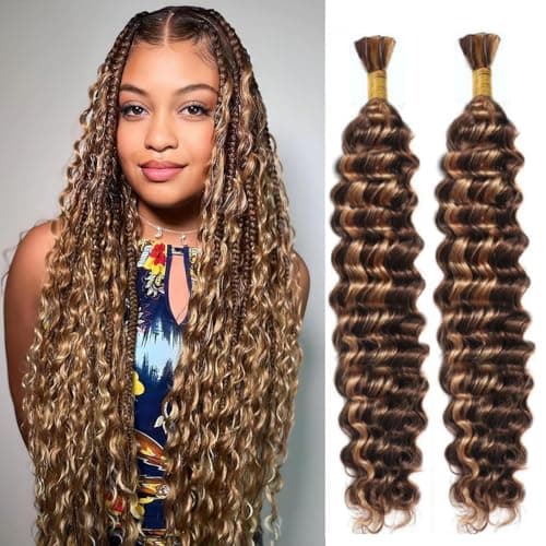 Human Braiding Hair for Boho Braids 4/27 Highlight Ombre Deep Wave Bulk Human Hair 110g 18 Inch Curly Wave Honey Blonde Human Hair Extensions No Weft 2 Bundles/Pack - Image 1