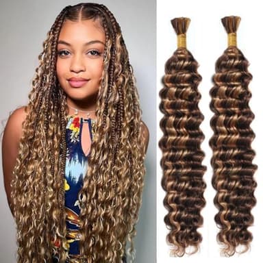 Human Braiding Hair for Boho Braids 4/27 Highlight Ombre Deep Wave Bulk Human Hair 110g 18 Inch Curly Wave Honey Blonde Human Hair Extensions No Weft 2 Bundles/Pack - Image 1