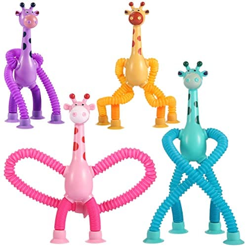 Xonteus 4Pcs Telescopic Suction Cup Giraffe Toy – Sensory Tube Toddler Travel Toys, Connect & Pop Fidget for Kids, Autism Sensory Toys, Encourages Imaginative Play & Creative Thinking - Image 1
