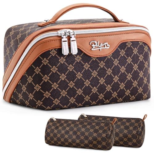 BOYATU Travel Makeup Bag Cosmetic Bags for Women: 3 Pcs Set Large Portable Make up Bag with Handle - Vegan Leather Toiletry Bags with Compartments - Makeup Organizer for Travel Essentials(A-1-Coffee) - Image 1