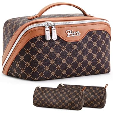 BOYATU Travel Makeup Bag Cosmetic Bags for Women: 3 Pcs Set Large Portable Make up Bag with Handle - Vegan Leather Toiletry Bags with Compartments - Makeup Organizer for Travel Essentials(A-1-Coffee) - Image 1