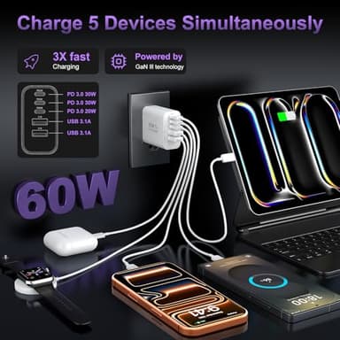 USB C Fast Wall Charger Block, 2Pack 60W USBC Charging Cubes, 5-Port PD+QC Power Adapter Multiport Brick Type C Box Plug for iPhone 17/16/15/14/13/12/11/Pro Max/Plus/Air, iPad mini/Pro,Galaxy S25/S24 - Image 3