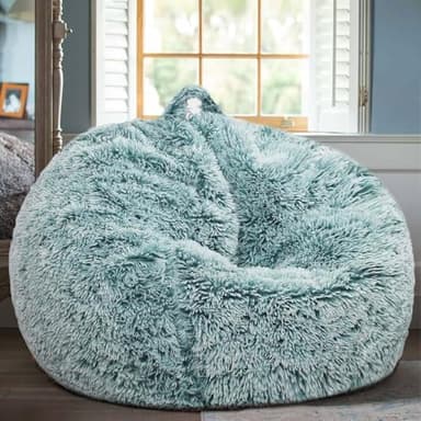 Fluffy Stuffed Animal Storage Bean Bag Chair Cover (No Filler), Faux Fur Comfy Bean Bag Cover for Organizing Plush Toys or Textile, for Adults Teens Kids Girls,Dark Green - Image 1