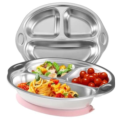Mrs. Chou Stainless Steel Baby Suction Plates: Divided Plates for Babies and Toddlers, Made of 100% Food-Grade Materials Ideal for Baby-Led Weaning BPA-Free Toddler Feeding Dishwasher Safe PINK - Image 1