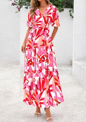 PRETTYGARDEN Women's Summer Maxi Dress 2025 Resort Wear Boho Floral V Neck Puff Short Sleeve Ruffle Flowy Beach Long Dresses(Floral White Rose Red,X-Large) - Image 5